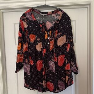 Daniel Rainn Black Floral Blouse with Red and Purple Accents